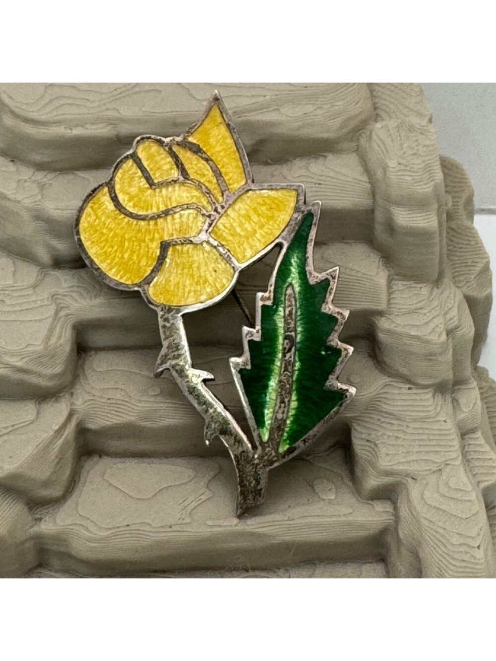 Jeronimo Fuentes Yellow Rose Enamel Sterling Silver Brooch Pin 3" Floral Vintage